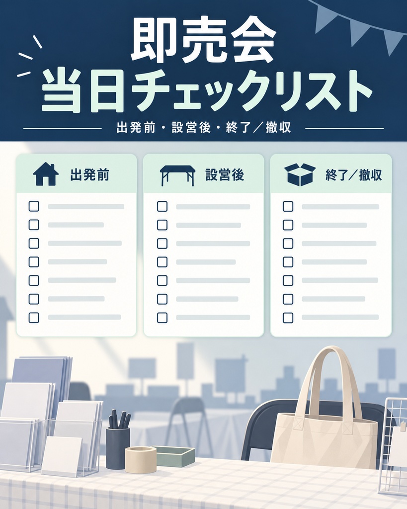 即売会 当日チェックリスト｜出発前・設営後・終了／撤収