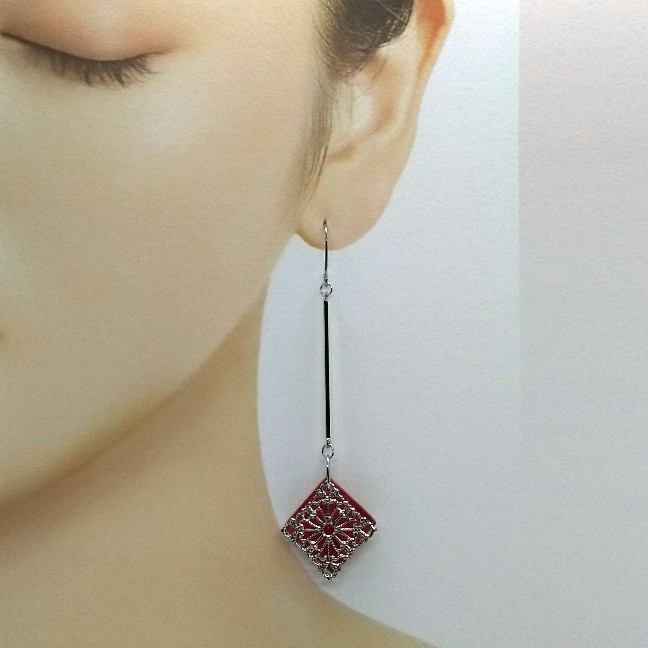 スクエア◇ピアス【シルバー】【赤】【両耳用】