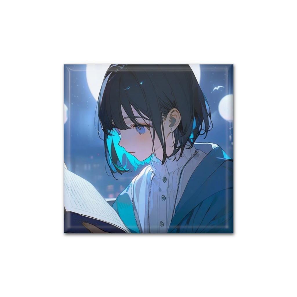 月夜で読書（四角缶バッジ 40mm）