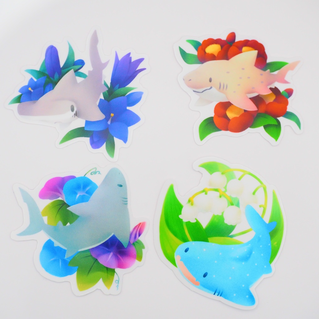 サメと四季の花ステッカー