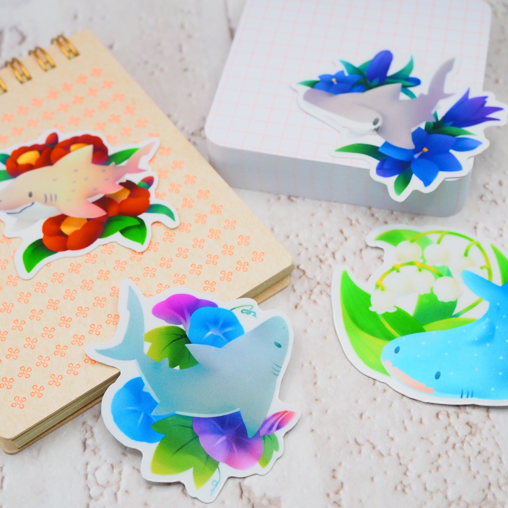 サメと四季の花ステッカー