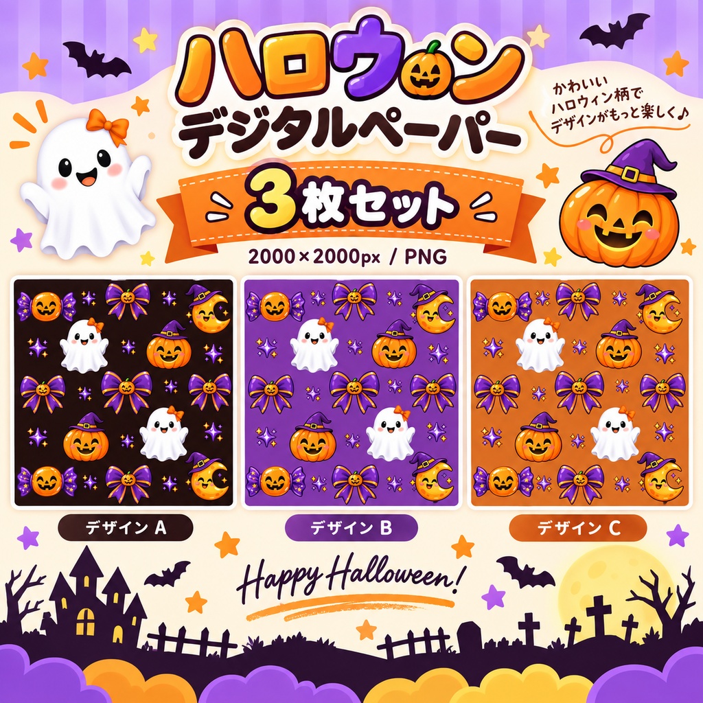     ハロウィン柄 デジタルペーパー 3枚セット｜ポップカラー