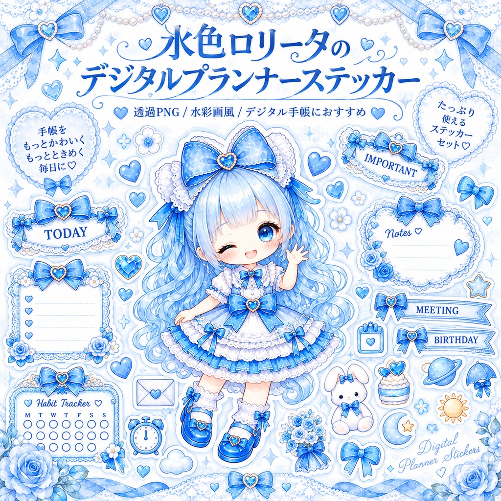 水色ロリータのデジタルプランナーステッカー｜水彩・透過PNG