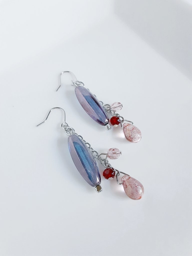 ロングナツメとしずく型チェコビーズのゆらゆらピアス/イヤリング(アメジストピンク)