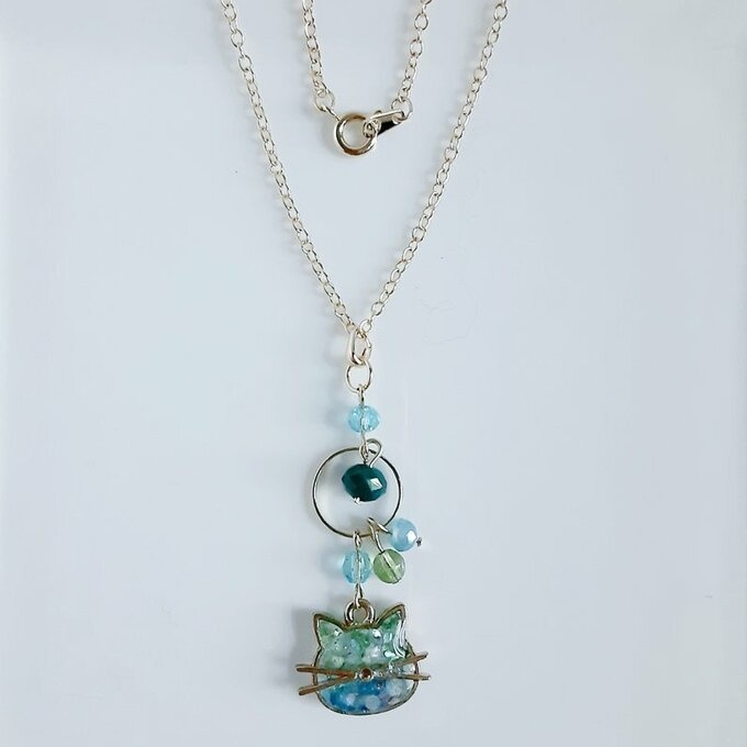 世界でひとつだけ☆爽やかブルーグリーンカラーの夏色ひげ猫ちゃんのネックレス/Stylish blue green kitten necklace(Only one in the world)