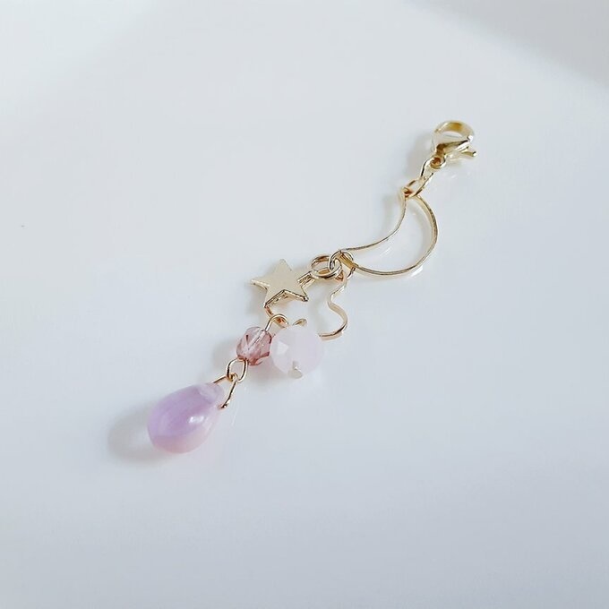 お星様が揺れる☆三日月、ハートとしずくビーズのお洒落マスクチャーム/アクセサリー(ピンク)