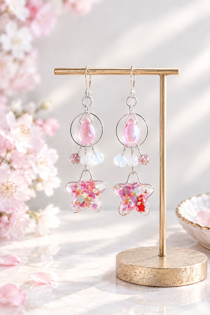 しずくとお花パーツが揺れる☆雅なレッドピンクカラーなピアス/イヤリング/Sparkly Pink Japanese Style Resin Dangle Earrings