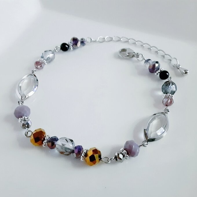 アクリルフレームストーンが素敵な涼しげブレスレット(パープルバイオレット)/Purple Violet Stylish Beads Link Bracelet