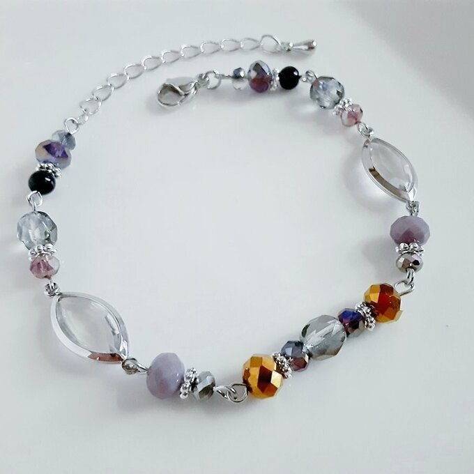 アクリルフレームストーンが素敵な涼しげブレスレット(パープルバイオレット)/Purple Violet Stylish Beads Link Bracelet