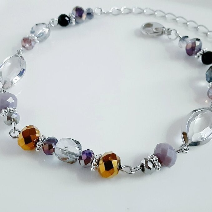 アクリルフレームストーンが素敵な涼しげブレスレット(パープルバイオレット)/Purple Violet Stylish Beads Link Bracelet