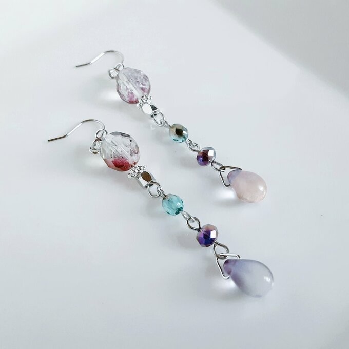 幻想パープルブルーカラーのゆらゆらロングピアス/イヤリング/Purple Blue Stylish Dangling Earrings/Clip on Earrings