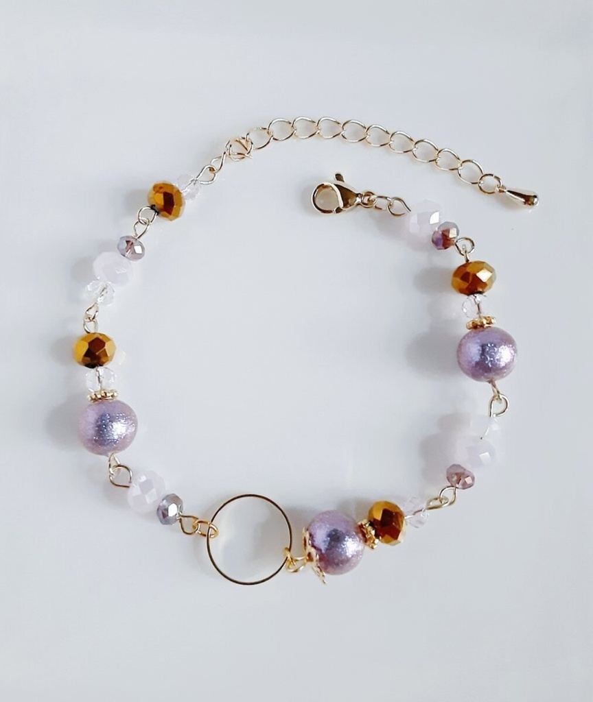 再販☆ラウンドフープ付き☆シャイニーパールとガラスビーズの大人シックなゴールドパープル色ブレスレット/Purple Gold Shiny Trendy Bracelet With Circle Hoop