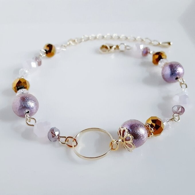 再販☆ラウンドフープ付き☆シャイニーパールとガラスビーズの大人シックなゴールドパープル色ブレスレット/Purple Gold Shiny Trendy  Bracelet With Circle Hoop