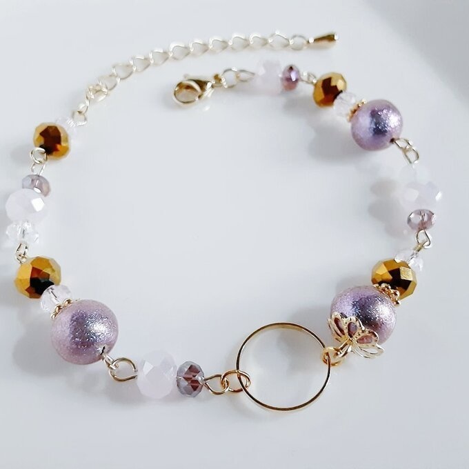 再販☆ラウンドフープ付き☆シャイニーパールとガラスビーズの大人シックなゴールドパープル色ブレスレット/Purple Gold Shiny Trendy Bracelet With Circle Hoop