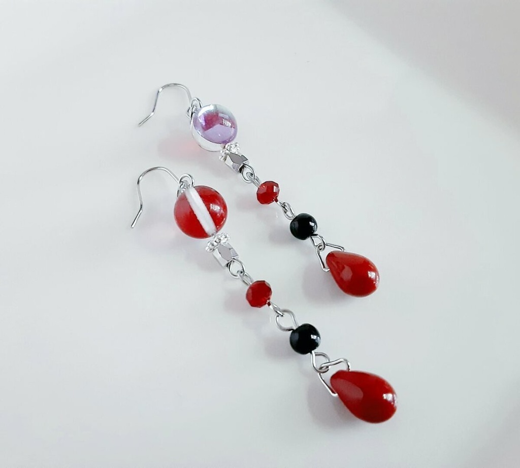 再販☆大人レッドブラックカラーのゆらゆらロングピアス/イヤリング/Chic Red Black Colored Dangling Earrings/Clip on Earrings