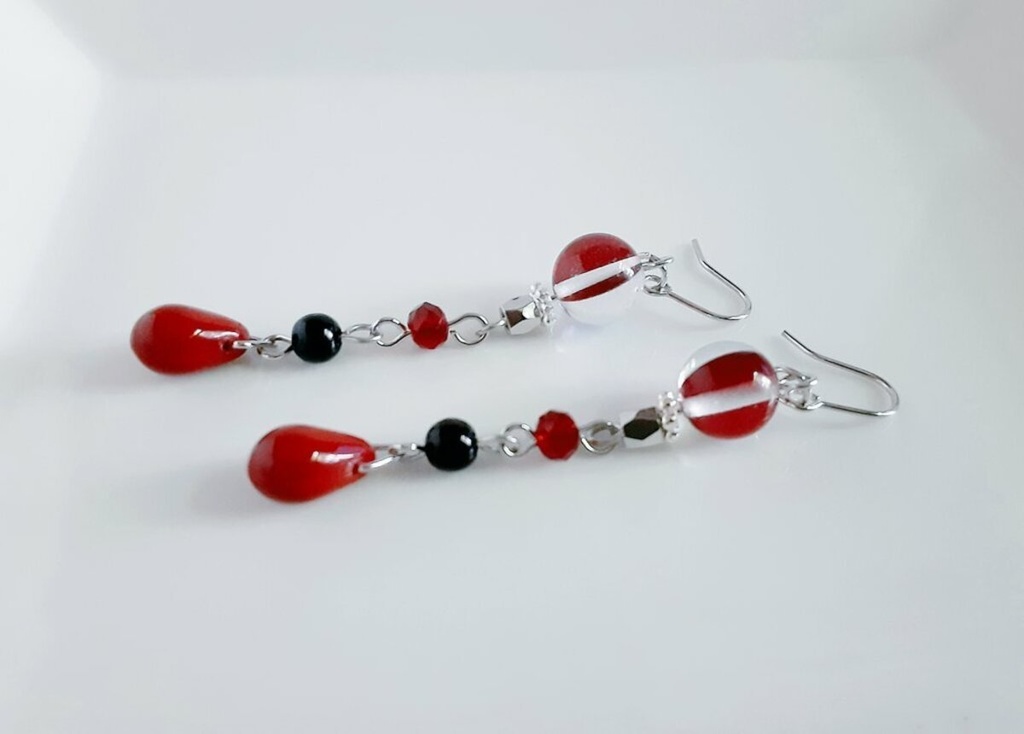 再販☆大人レッドブラックカラーのゆらゆらロングピアス/イヤリング/Chic Red Black Colored Dangling Earrings/Clip on Earrings