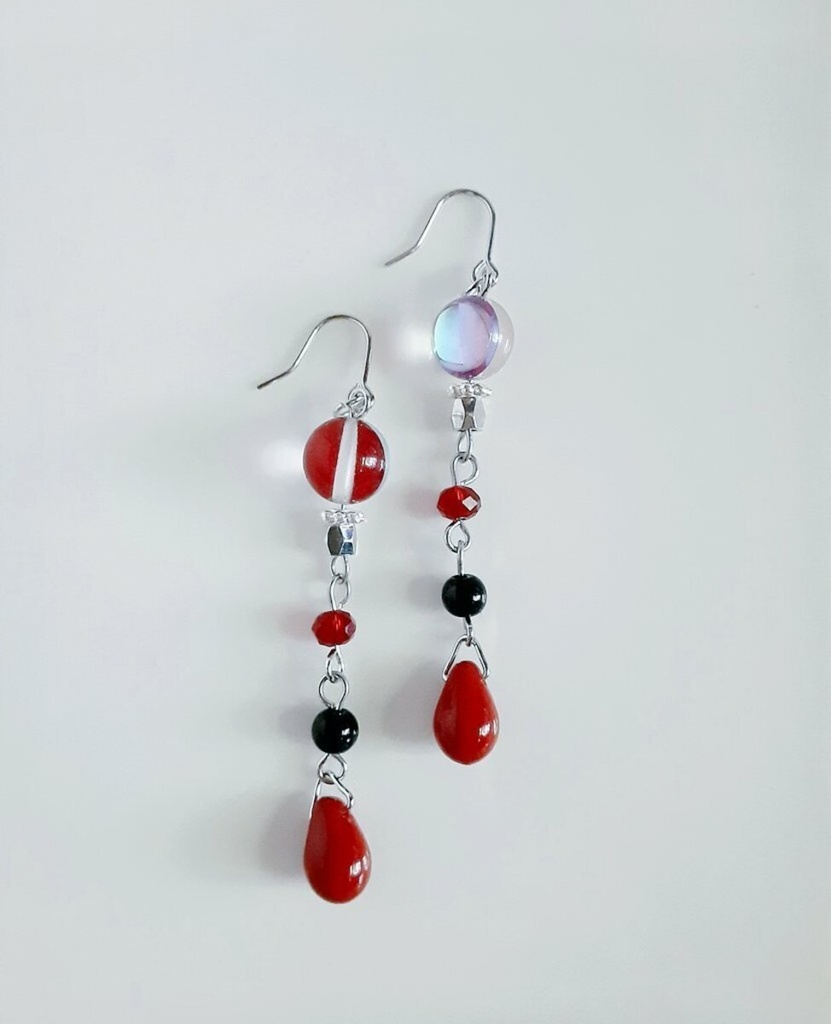 再販☆大人レッドブラックカラーのゆらゆらロングピアス/イヤリング/Chic Red Black Colored Dangling Earrings/Clip on Earrings