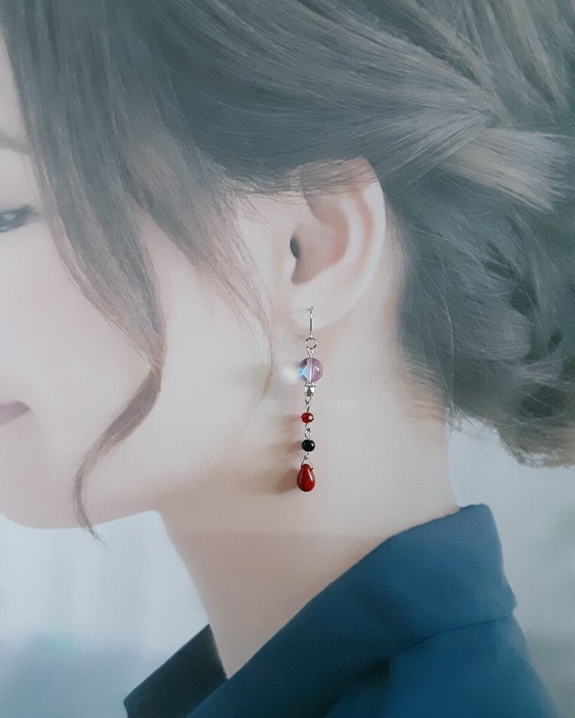 再販☆大人レッドブラックカラーのゆらゆらロングピアス/イヤリング/Chic Red Black Colored Dangling Earrings/Clip on Earrings