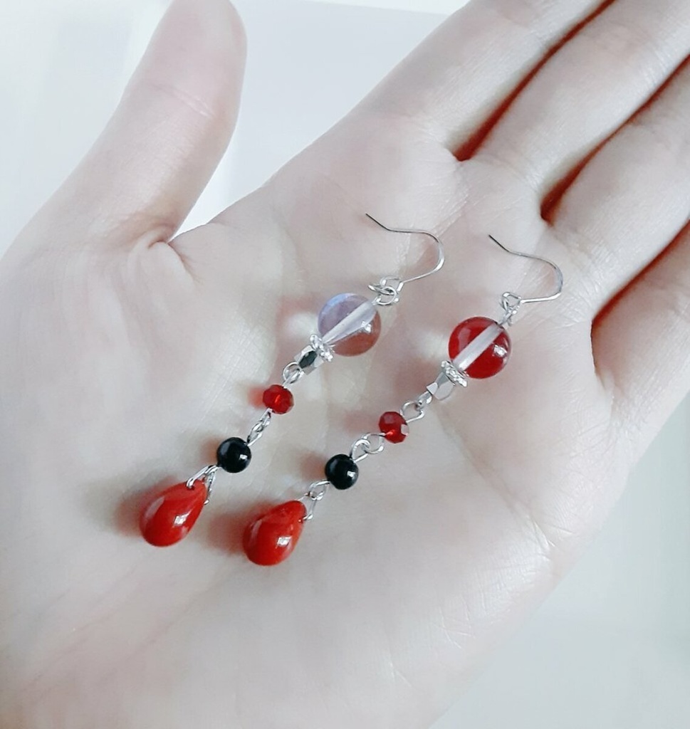 再販☆大人レッドブラックカラーのゆらゆらロングピアス/イヤリング/Chic Red Black Colored Dangling Earrings/Clip on Earrings