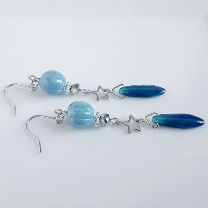再販④☆チェコメロンビーズとダガービーズのピアス/イヤリング(ブルー)/Blue Czech Glass Beads Trendy Earrings/Clip On Earrings