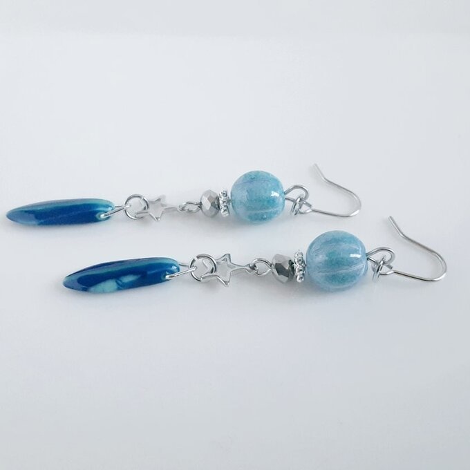 再販④☆チェコメロンビーズとダガービーズのピアス/イヤリング(ブルー)/Blue Czech Glass Beads Trendy Earrings/Clip On Earrings