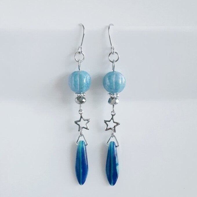 再販④☆チェコメロンビーズとダガービーズのピアス/イヤリング(ブルー)/Blue Czech Glass Beads Trendy Earrings/Clip On Earrings