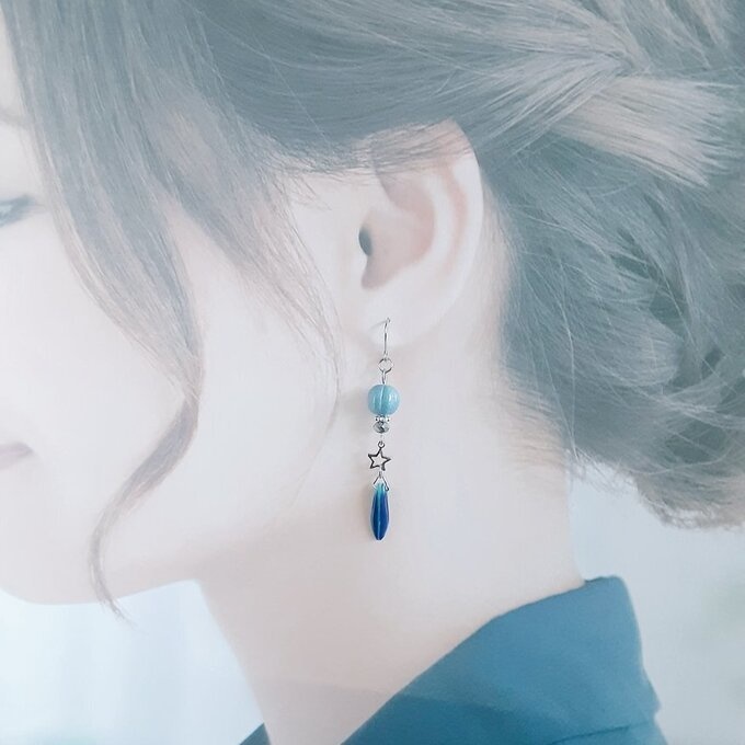 再販④☆チェコメロンビーズとダガービーズのピアス/イヤリング(ブルー)/Blue Czech Glass Beads Trendy Earrings/Clip On Earrings