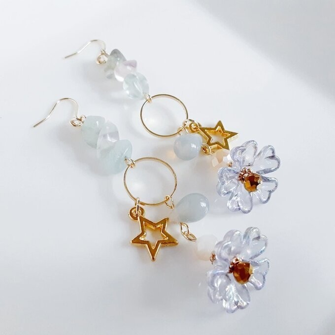 フラワービーズとお星様が可愛い☆ファンシーピアス/イヤリング(フローライト)