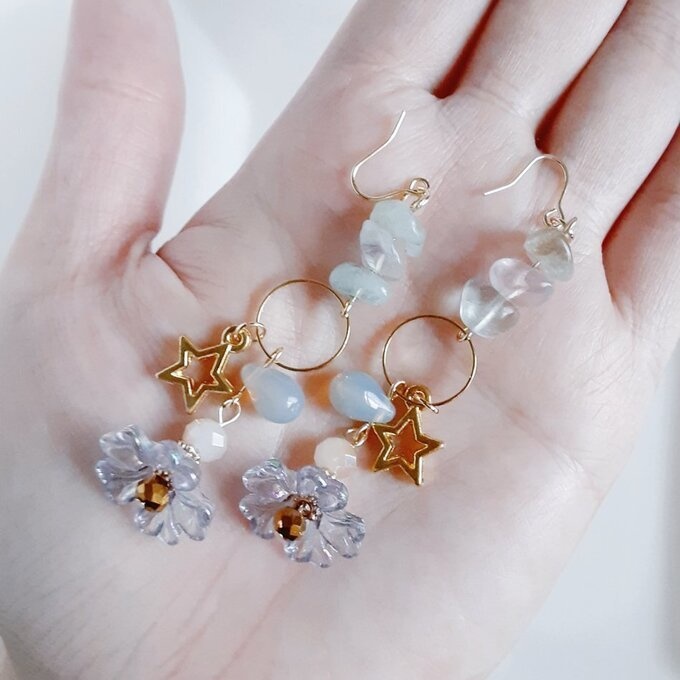 フラワービーズとお星様が可愛い☆ファンシーピアス/イヤリング(フローライト)