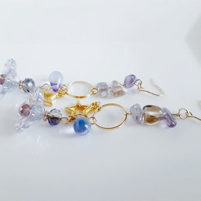 フラワービーズとお星様が可愛い☆ファンシーピアス/イヤリング(アメジスト)