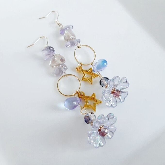 フラワービーズとお星様が可愛い☆ファンシーピアス/イヤリング(アメジスト)