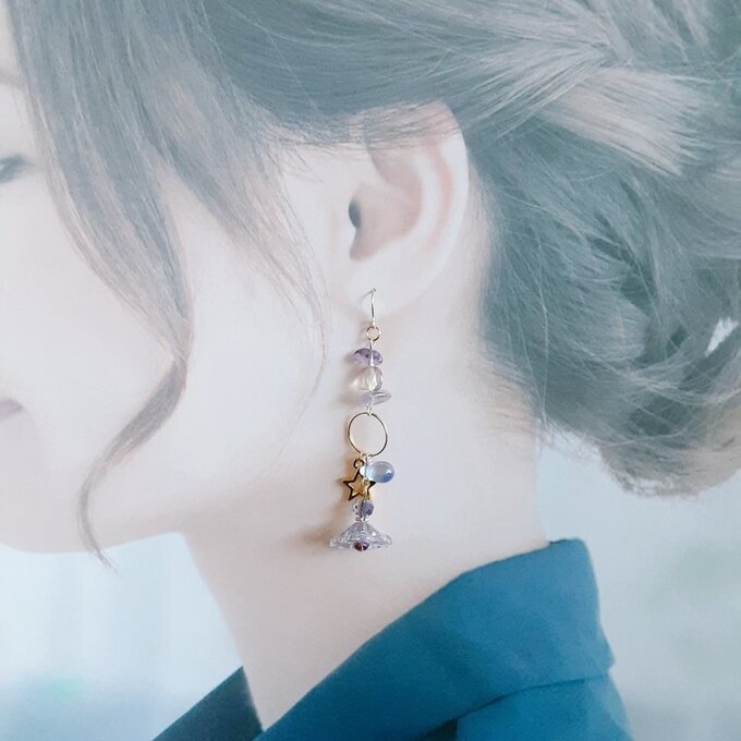 フラワービーズとお星様が可愛い☆ファンシーピアス/イヤリング(アメジスト)