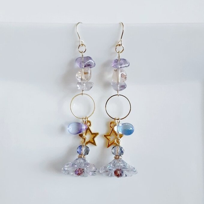 フラワービーズとお星様が可愛い☆ファンシーピアス/イヤリング(アメジスト)
