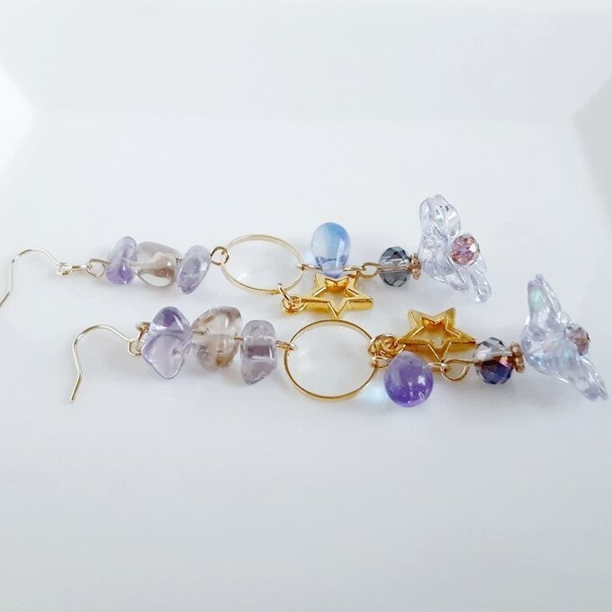 フラワービーズとお星様が可愛い☆ファンシーピアス/イヤリング(アメジスト)