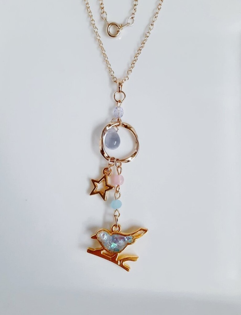 世界にひとつだけ☆お星様が揺れる☆紫陽花ブルーカラーの可愛い枝付き小鳥さんのネックレス