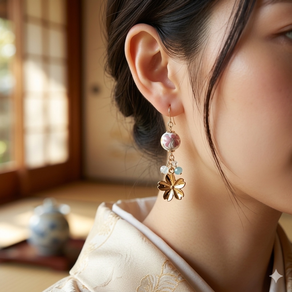 お花模様が可愛い陶器ビーズと桜チャームのジャラジャラピアス/イヤリング