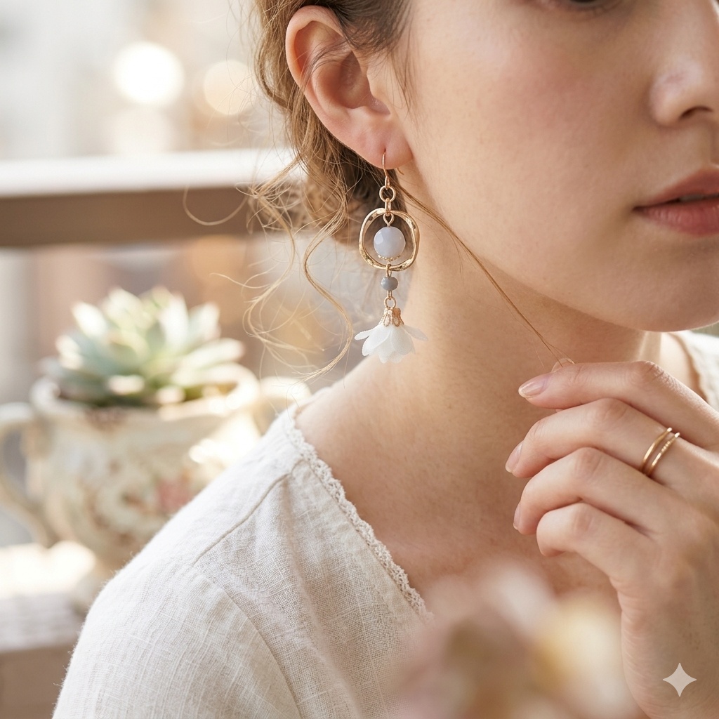 ひねりフープとフラワータッセルのお洒落ピアス/イヤリング(ホワイト)