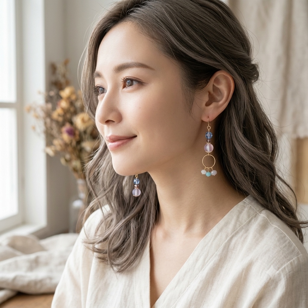 ラウンドフープ付き☆ルナフラッシュとガラスビーズの紫陽花パープルブルーのアシンメトリーピアス/イヤリング