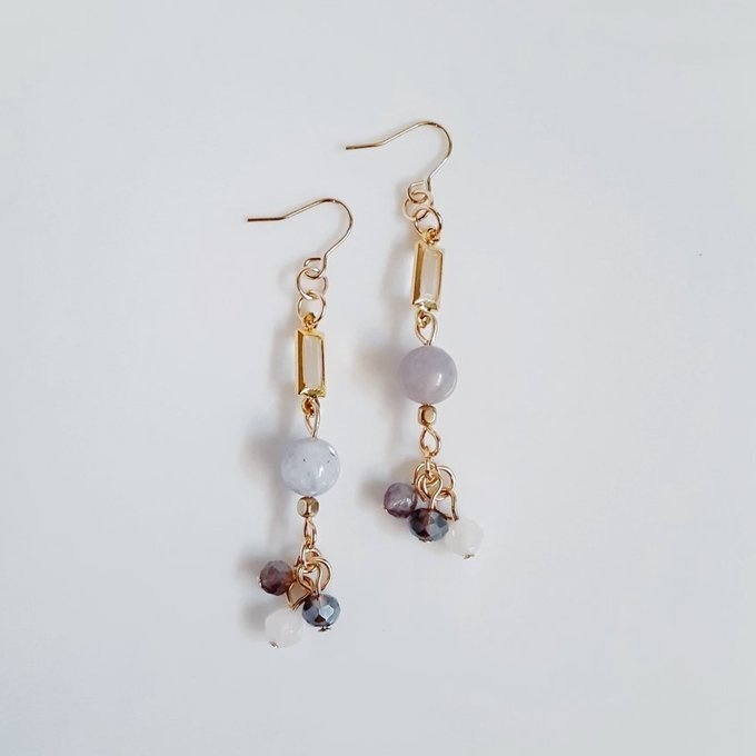 レピドライトwithピンクトルマリンとシャープなアクリルフレームストーンのお洒落ピアス/イヤリング