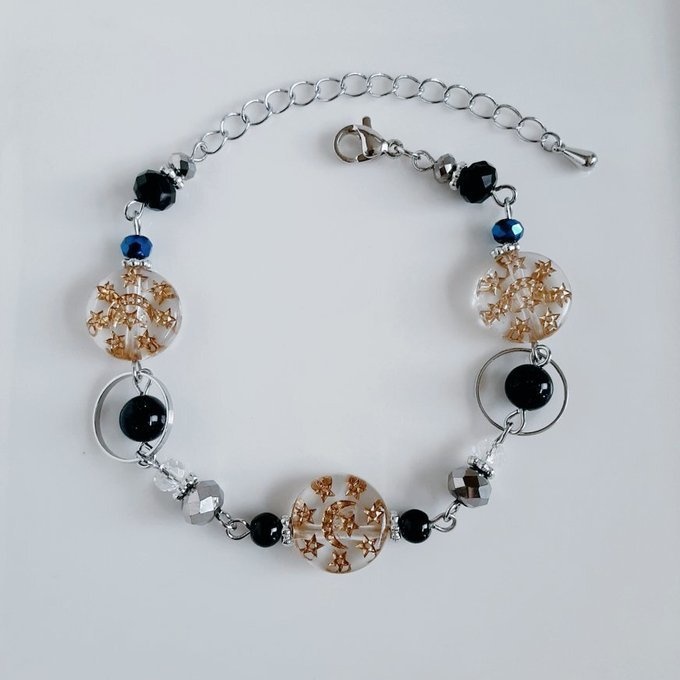 アンティーク風アクリルビーズとサークルフープのブレスレット(シルバー×ブラック)