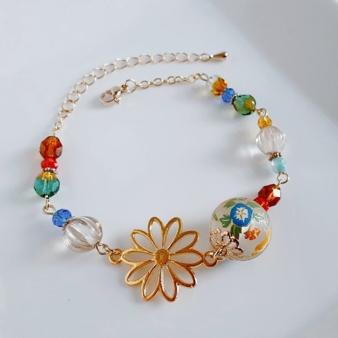 和を感じる☆朝顔の転写ビーズと大ぶりのお花の透かしチャームの大人シックな和風ブレスレット