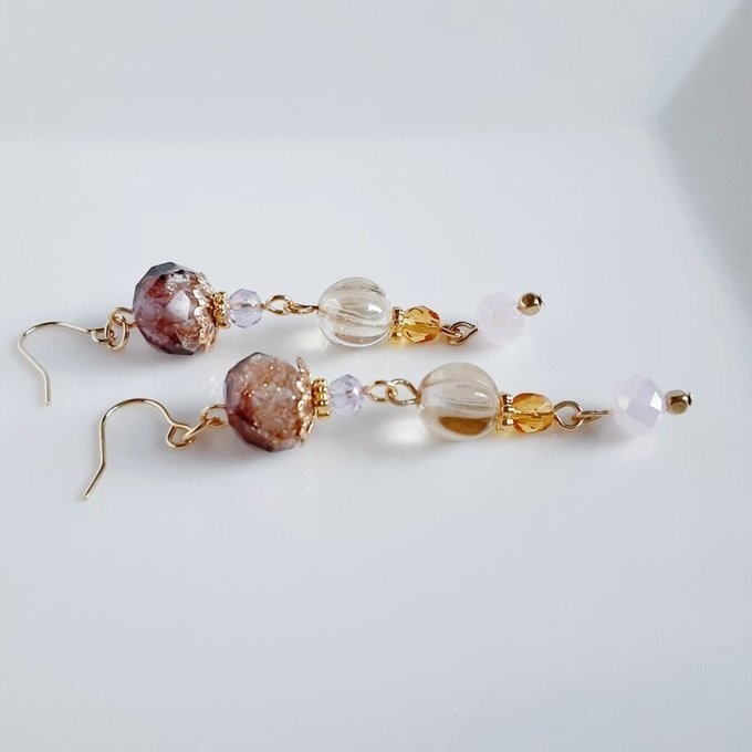 とんぼ玉ビーズとチェコビーズのゆらゆらロングピアス/イヤリング(大人シック)