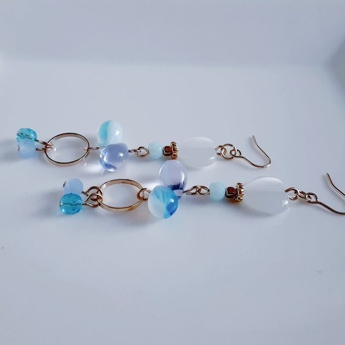 1ペアのみ☆ハート型キャッツアイとぷっくりしずくビーズのアクアブルー色ピアス/イヤリング