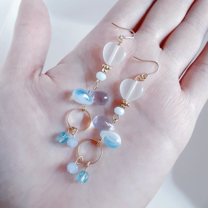 1ペアのみ☆ハート型キャッツアイとぷっくりしずくビーズのアクアブルー色ピアス/イヤリング