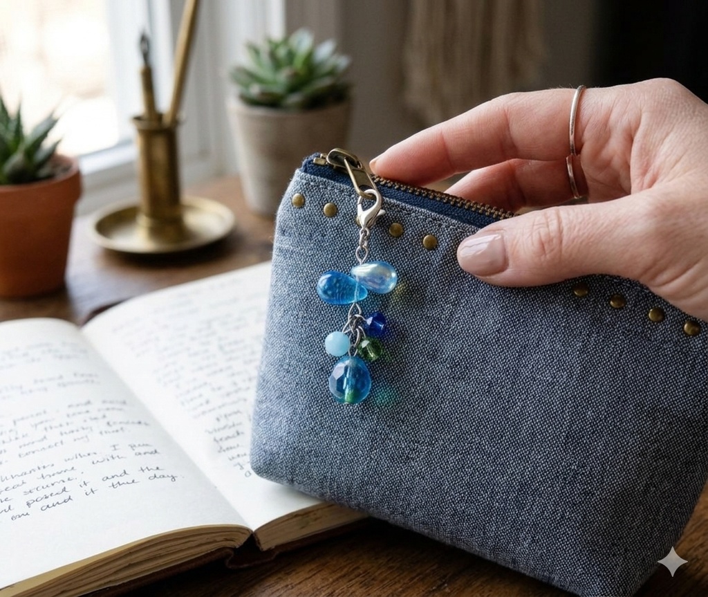 チェコビーズが揺れる☆しずくとガラスビーズのチャーム(瑞々しいブルーグリーン)