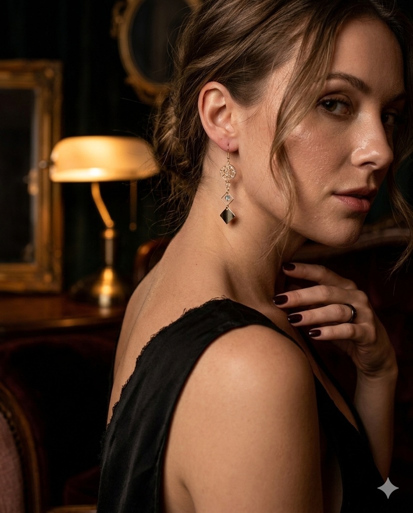 送料無料*メタルプレートとガラスビーズが揺れるスクエアフープがお洒落なピアス/イヤリング(ゴールド)