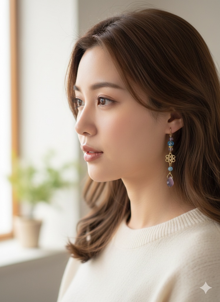 送料無料*透かしとガラスビーズの幻想的なパープルブルーカラーのピアス/イヤリング