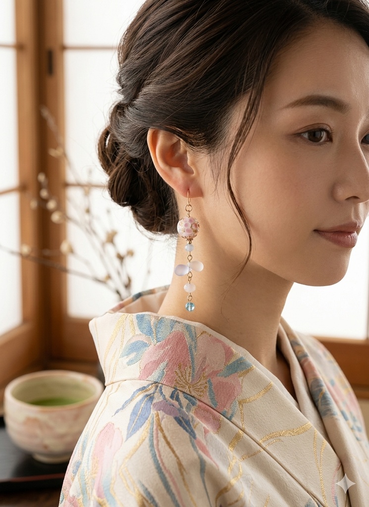 和を感じる☆とんぼ玉ビーズとしずくビーズのパステルカラーのロングピアス/イヤリング
