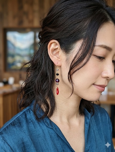 チェコビーズとオーバルフープのお洒落ロングピアス/イヤリング(秋色レッドパープル)