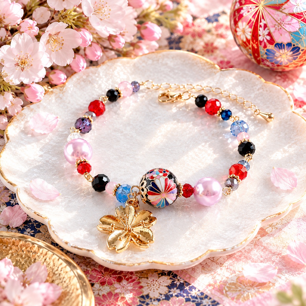 和花の彩り｜桜チャームと菊水転写ビーズの華やかブレスレット